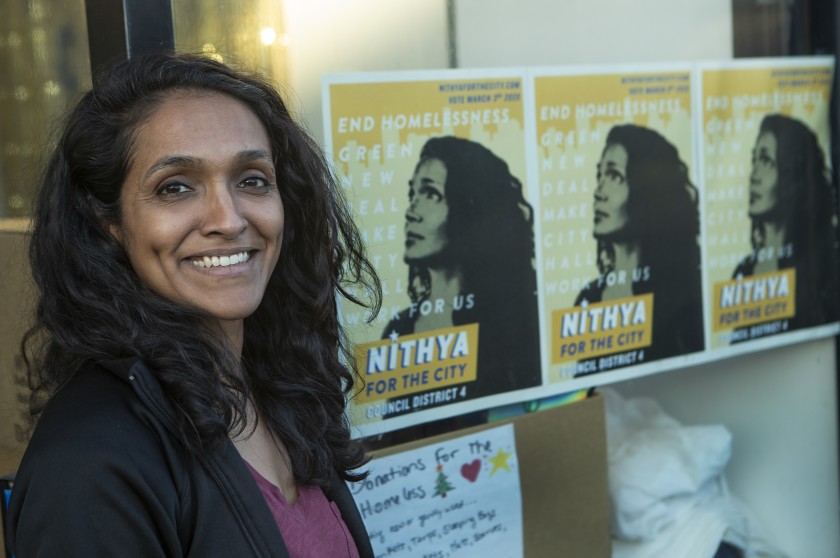 Nithya Raman is seen outside her campaign headquarters in early 2020. (Los Angeles Times)