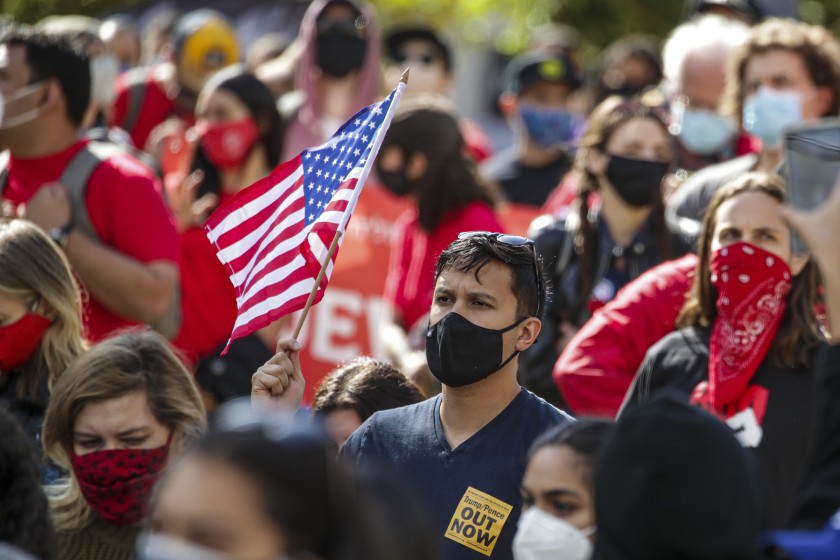 A protest turned into a celebration at Pershing Square in Los Angeles on Saturday after Joe Biden and his running mate, Kamala Harris, were announced the winners of the 2020 election. (Irfan Khan / Los Angeles Times)