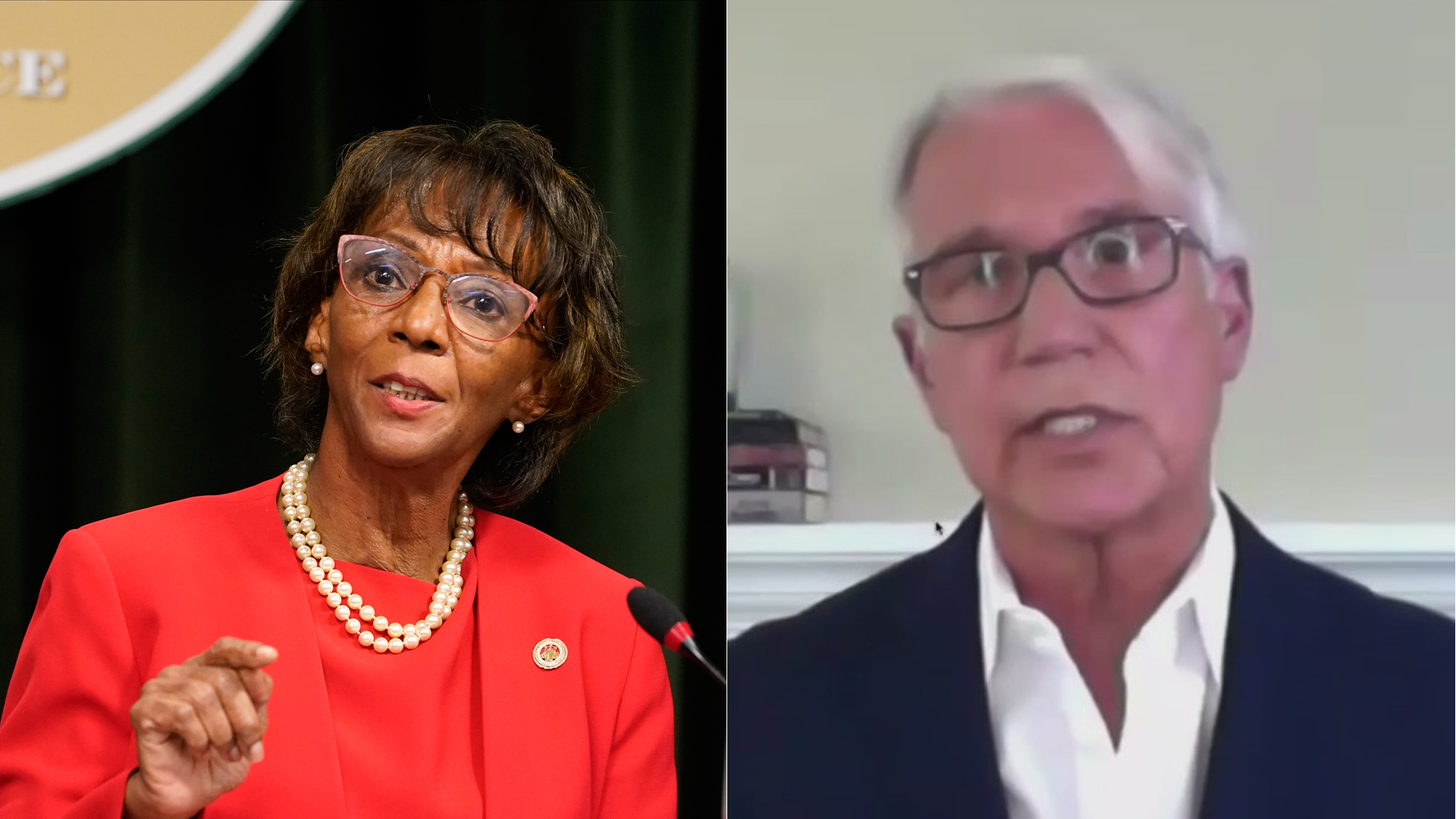 Jackie Lacey concedes in the Los Angeles County District Attorney's Office race, while George Gascón declares victory in a virtual news conference on Nov. 6, 2020. (Damian Dovarganes/Associated Press, KTLA)