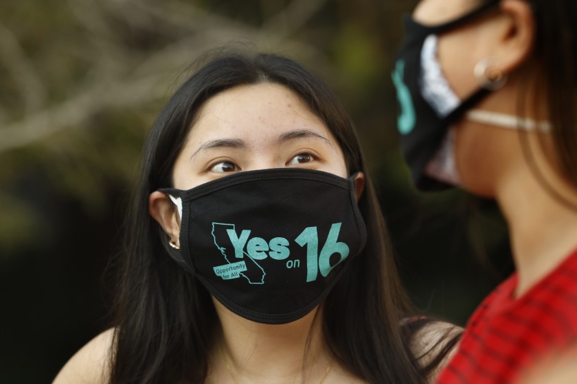 Amy Ho, a UCLA student, supports Proposition 16 on the November 2020 ballot, which would repeal the statewide ban on affirmative action. (Carolyn Cole / Los Angeles Times)