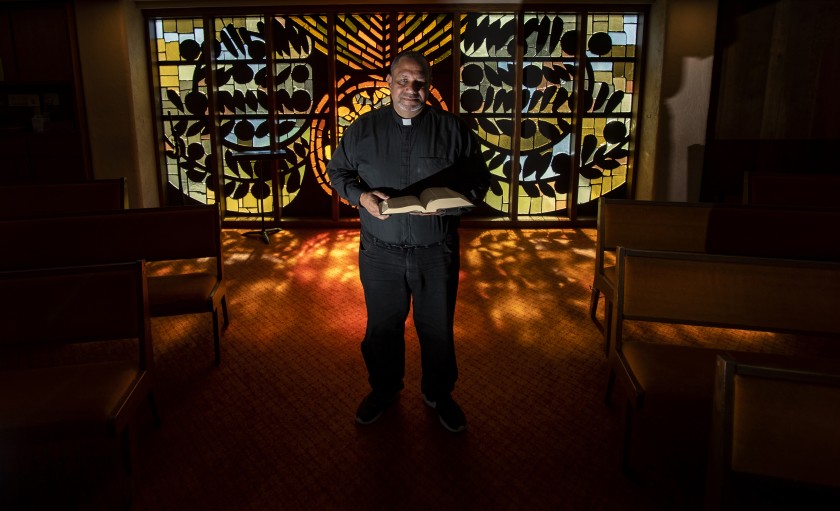 Pastor Nelson Rabell-González of St. Paul Lutheran Church, seen in this 2020 photo, is at the forefront of A New Lodi, an organization working to change what he says is the racist history of the San Joaquin town. (Gina Ferazzi / Los Angeles Times)