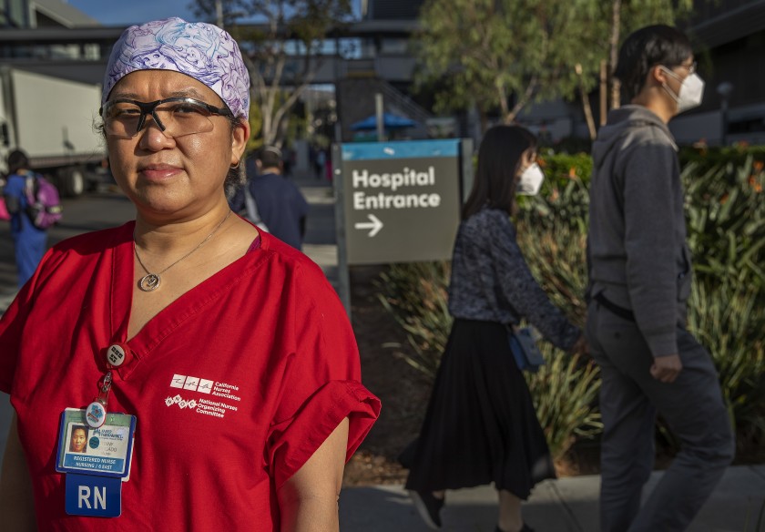 Registered nurse Tinny Abogado is seen in November 2020 at Kaiser Permanente Los Angeles Medical Center, where she has worked for more than 20 years. (Mel Melcon / Los Angeles Times)