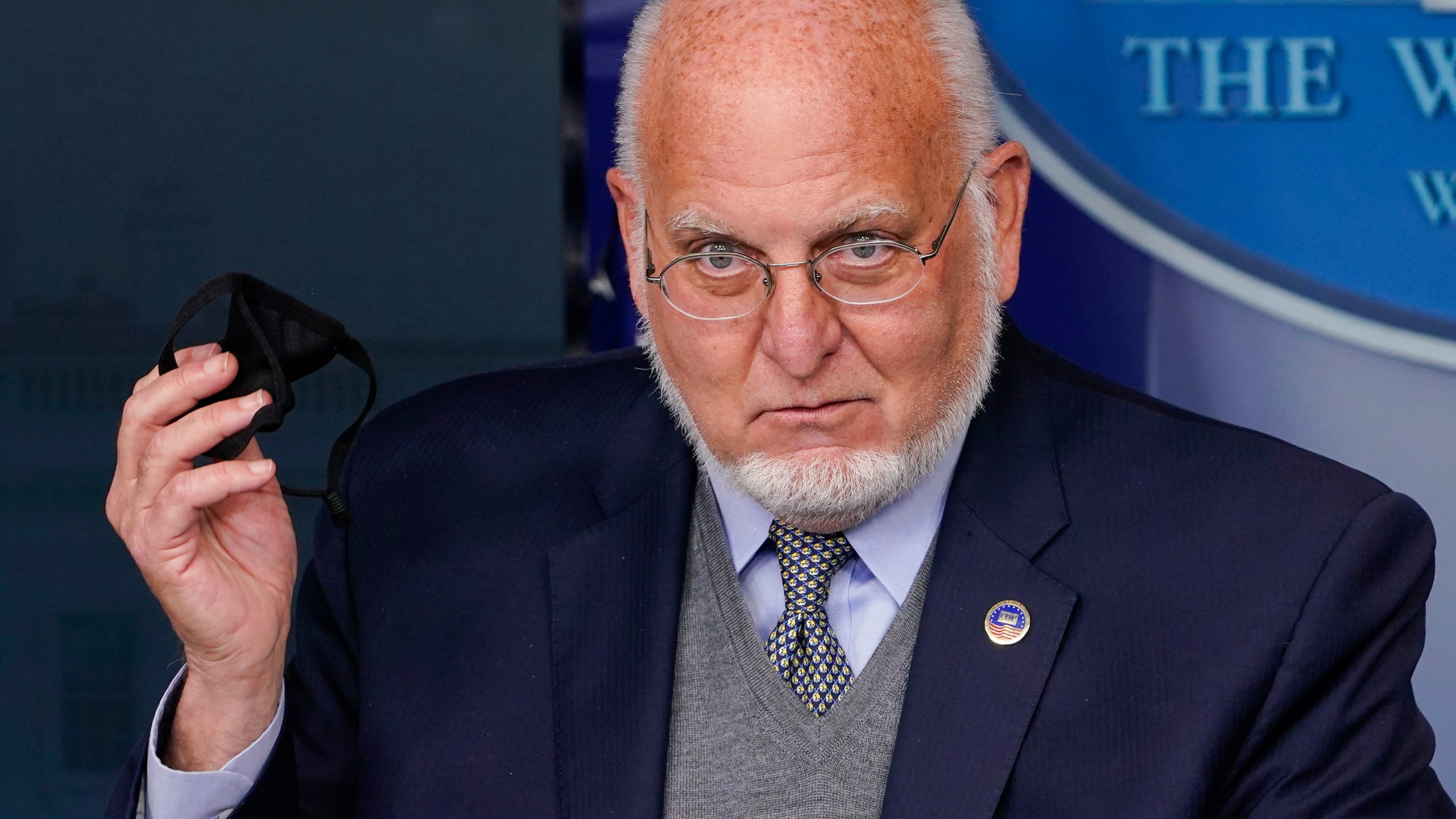 Centers for Disease Control and Prevention Director Dr. Robert Redfield holds a face mask as he speaks during a news conference with the coronavirus task force at the White House in Washington, Thursday, Nov. 19, 2020. (Susan Walsh/AP Photo)