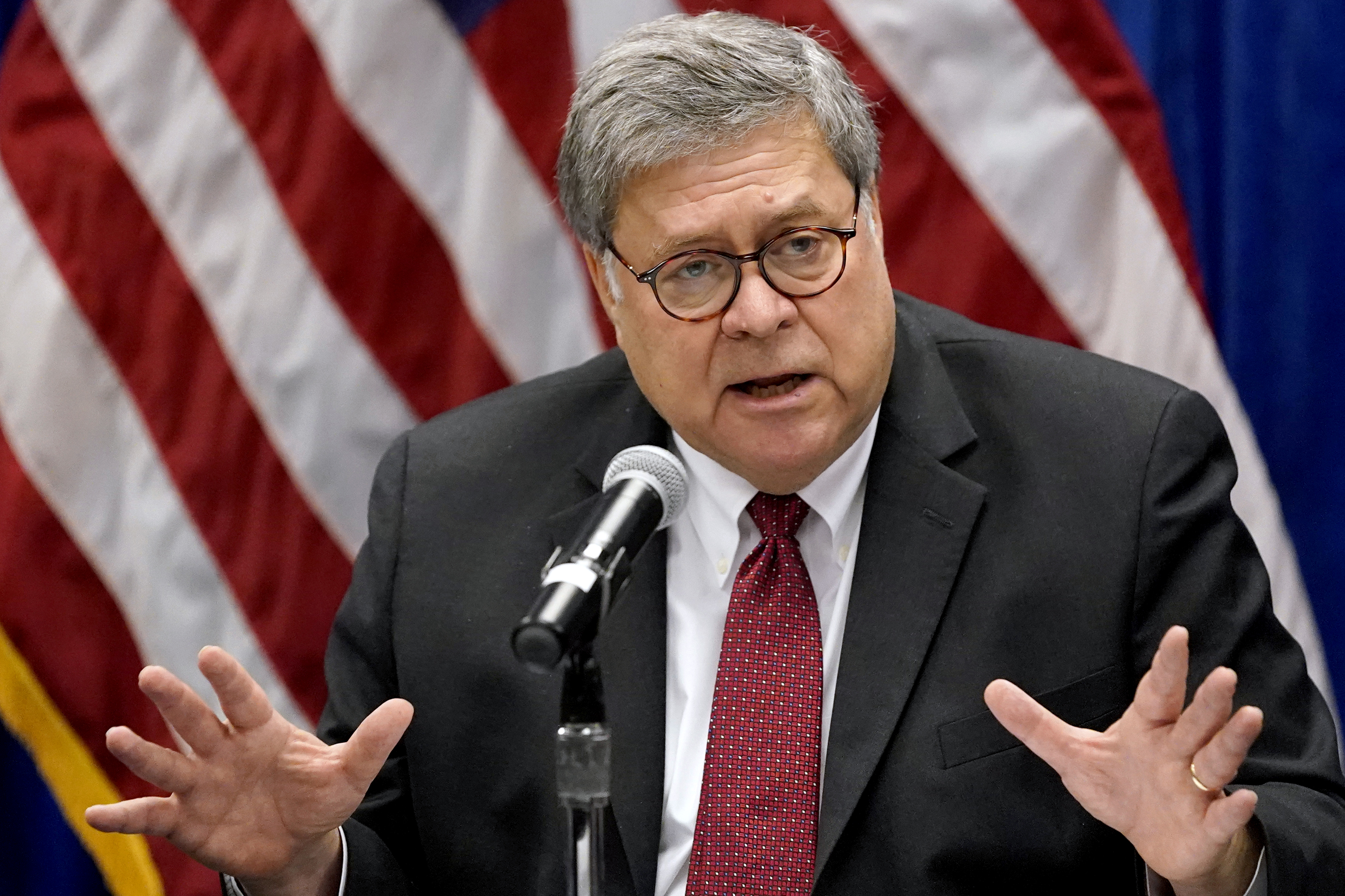 Attorney General William Barr speaks during a roundtable discussion on Operation Legend, a federal program to help cities combat violent crime, in St. Louis on Oct. 15, 2020. (Jeff Roberson / Associated Press)