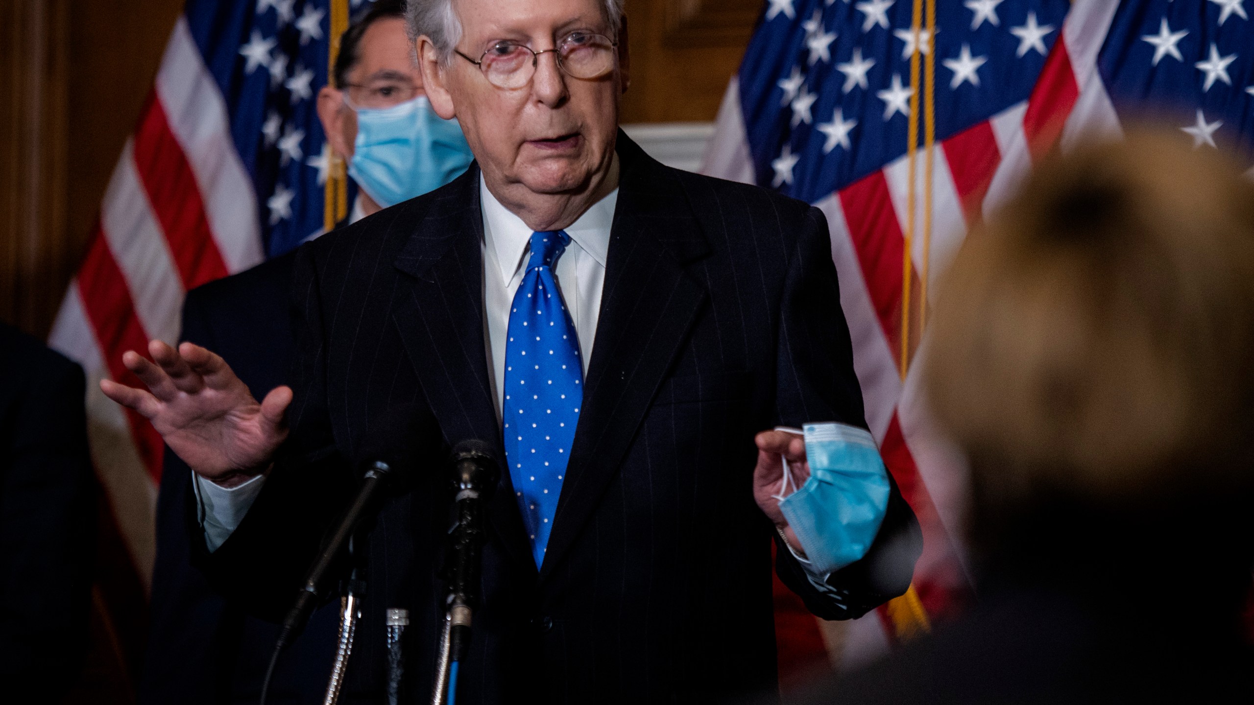 Senate Majority Leader Mitch McMcConnell of Ky., speaks to reporters on Capitol Hill in Washington, Tuesday, Dec. 1, 2020. (Bill O'Leary/Pool via AP)