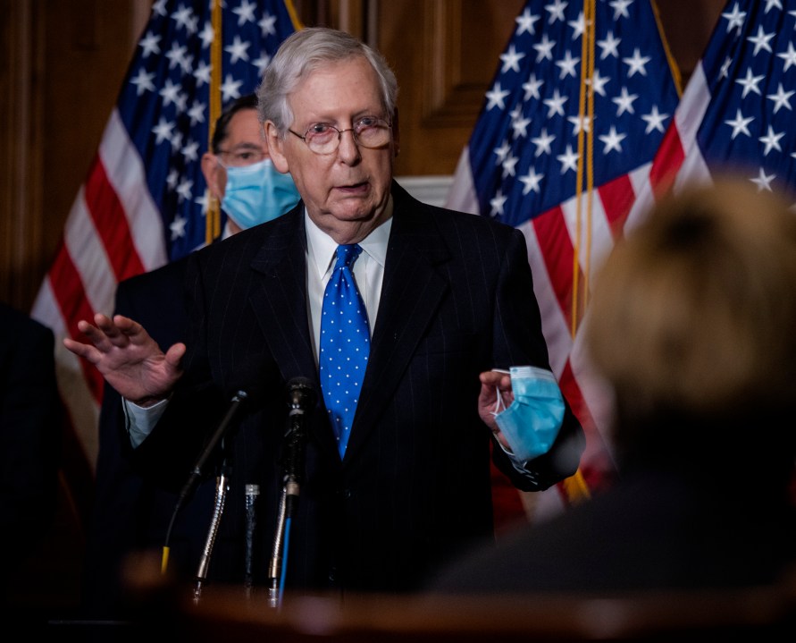 Senate Majority Leader Mitch McMcConnell of Ky., speaks to reporters on Capitol Hill in Washington, Tuesday, Dec. 1, 2020. (Bill O'Leary/Pool via AP)