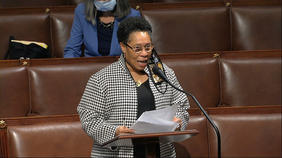 In this image from video, Rep. Marcia Fudge, D-Ohio, speaks on the floor of the House of Representatives at the U.S. Capitol in Washington, Thursday, April 23, 2020. (House Television via AP)