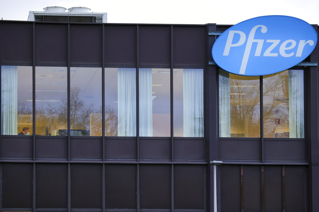 In this Dec. 4, 2020 file photo, a general view of the Pfizer Manufacturing plant in Puurs, Belgium. (AP Photo/Olivier Matthys)