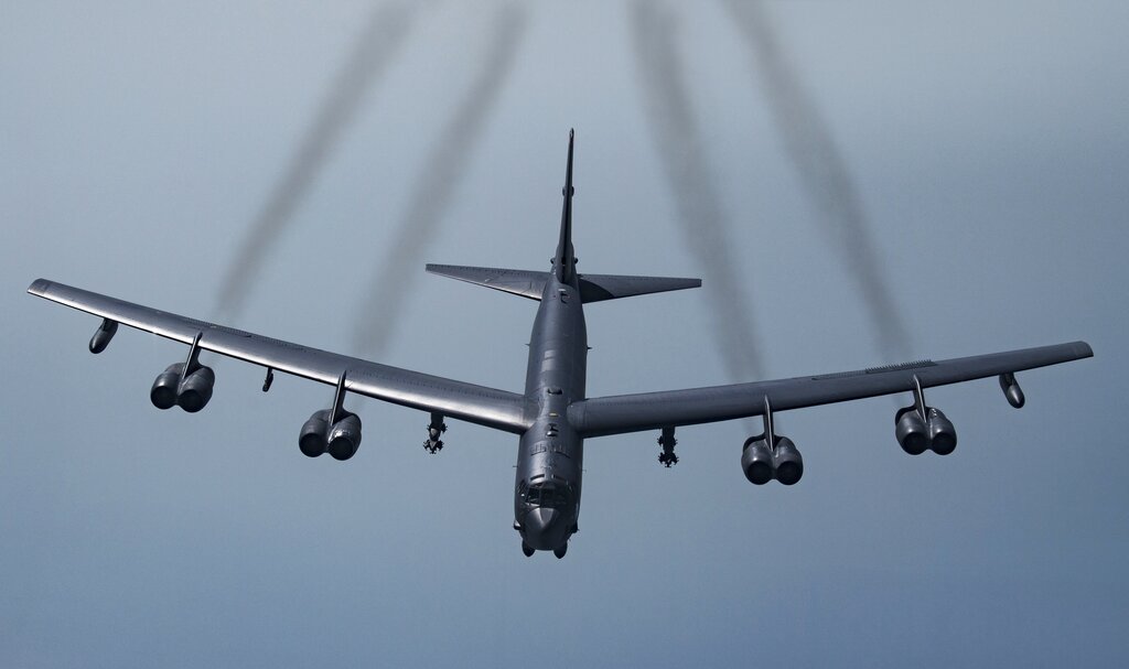 In this May 21, 2019 photo provided by the U.S. Air Force, a U.S. B-52H Stratofortress, prepares to fly over Southwest Asia. (Senior Airman Keifer Bowes/U.S. Air Force via AP)