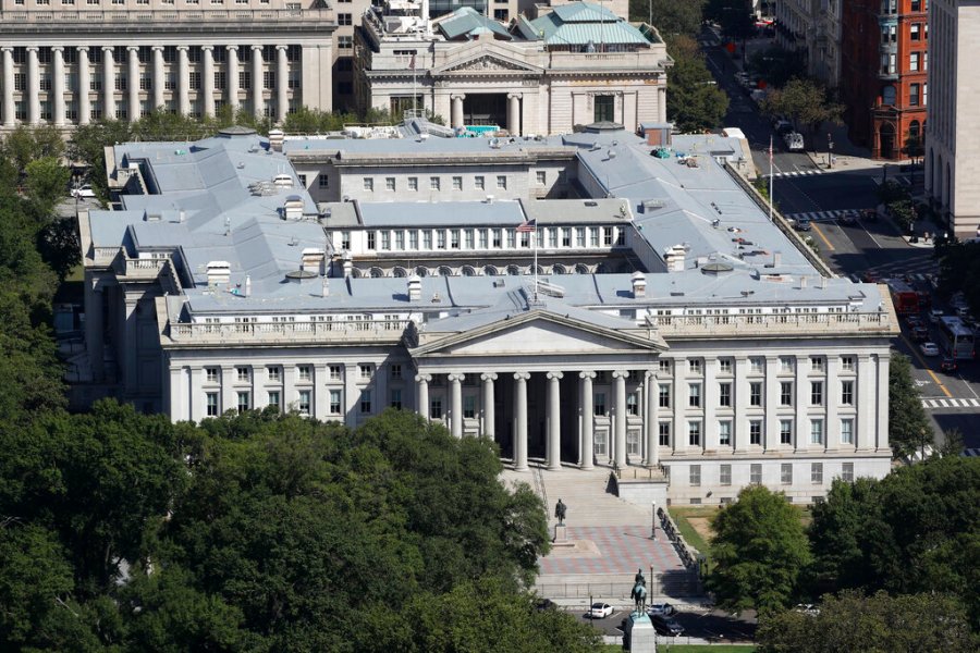 The U.S. Treasury Department building viewed from the Washington Monument, on Sept. 18, 2019, in Washington. (AP Photo/Patrick Semansky, file)