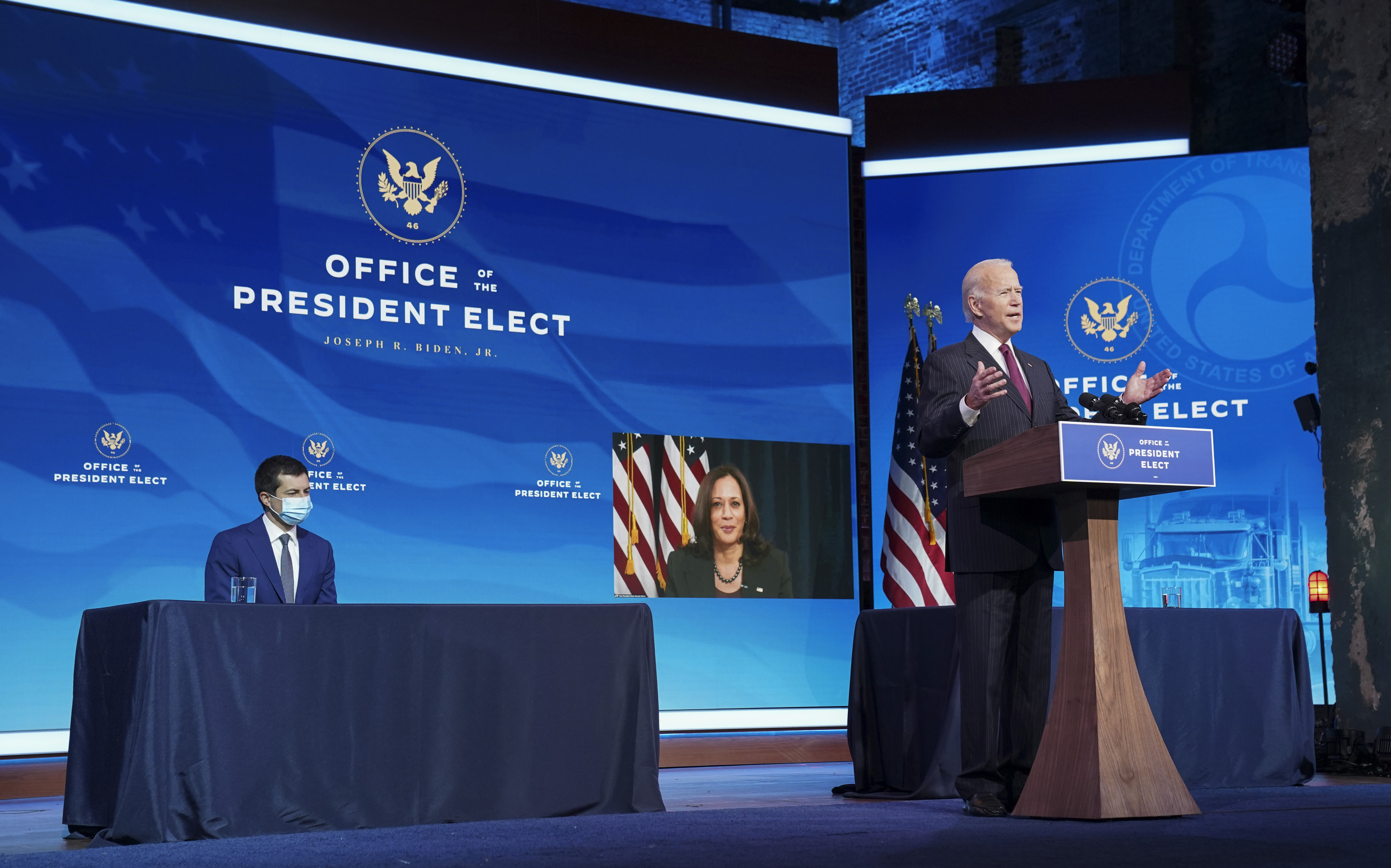 President-elect Joe Biden announces former South Bend, Ind. Mayor Pete Buttigieg as his nominee for transportation secretary during a news conference at The Queen theater in Wilmington, Del., Wednesday, Dec. 16, 2020. (Kevin Lamarque/Pool via AP)