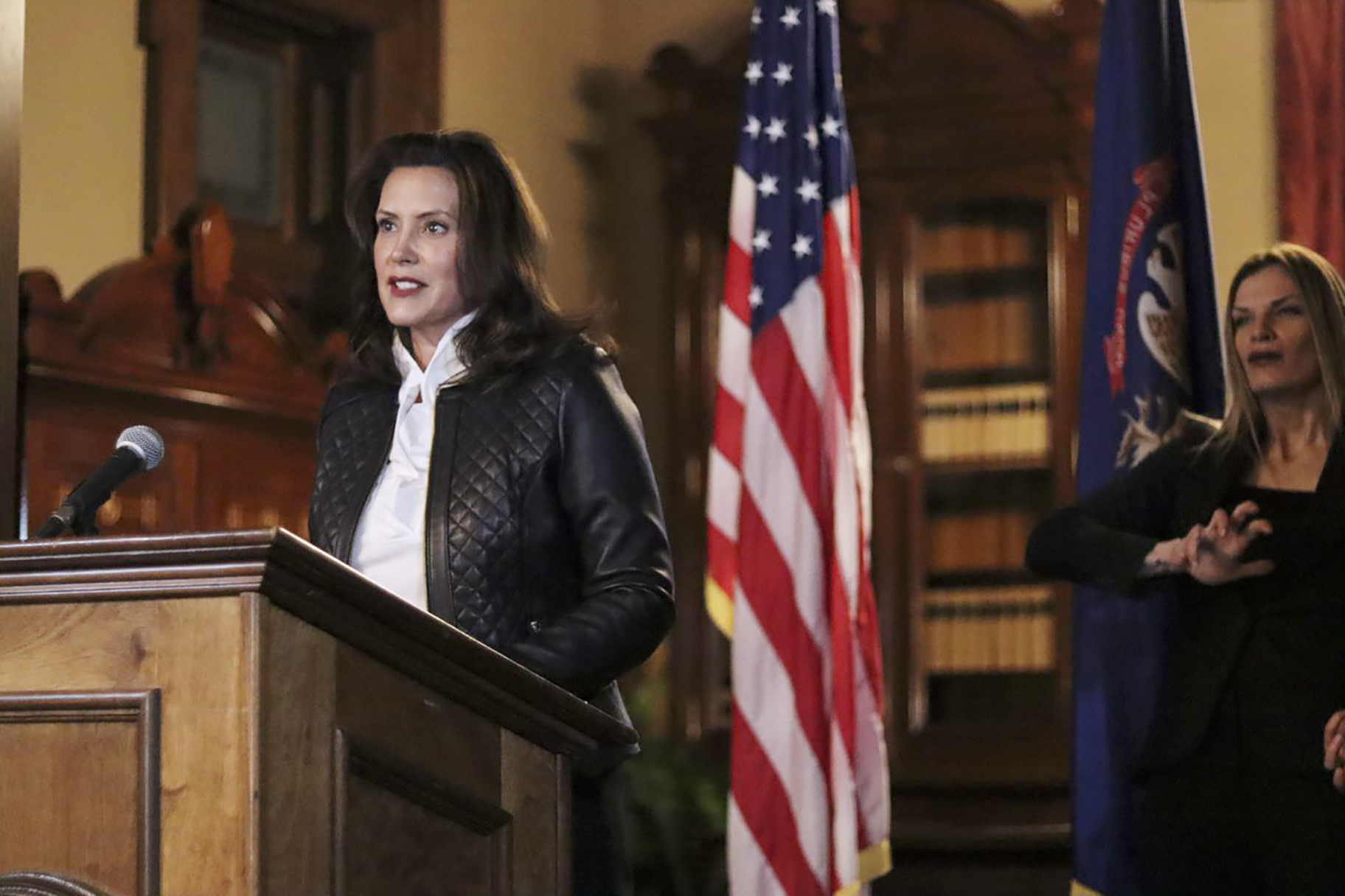 In this Oct. 8, 2020 file photo provided by the Michigan Office of the Governor, Michigan Gov. Gretchen Whitmer addresses the state during a speech in Lansing, Mich. (Michigan Office of the Governor via AP)