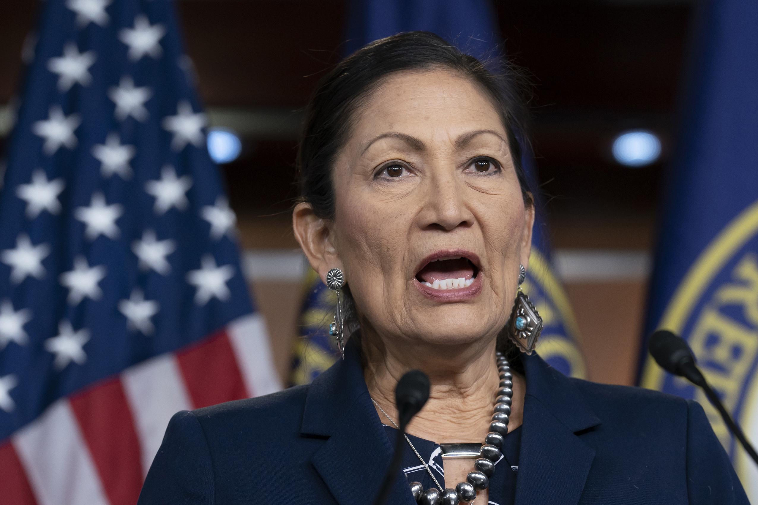 In this March 5, 2020, file photo Rep. Deb Haaland, D-N.M., Native American Caucus co-chair, speaks to reporters about the 2020 Census on Capitol Hill in Washington. (AP Photo/J. Scott Applewhite, File)