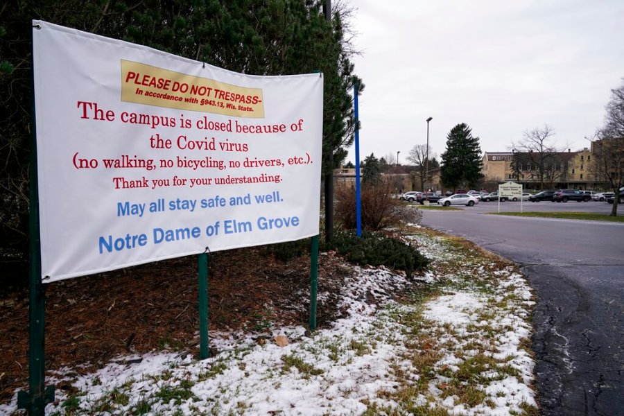 A do not trespass sign is displayed outside the School Sisters of Notre Dame Central Pacific Province, Thursday, Dec. 17, 2020, in Elm Grove, Wis. (AP Photo/Morry Gash)