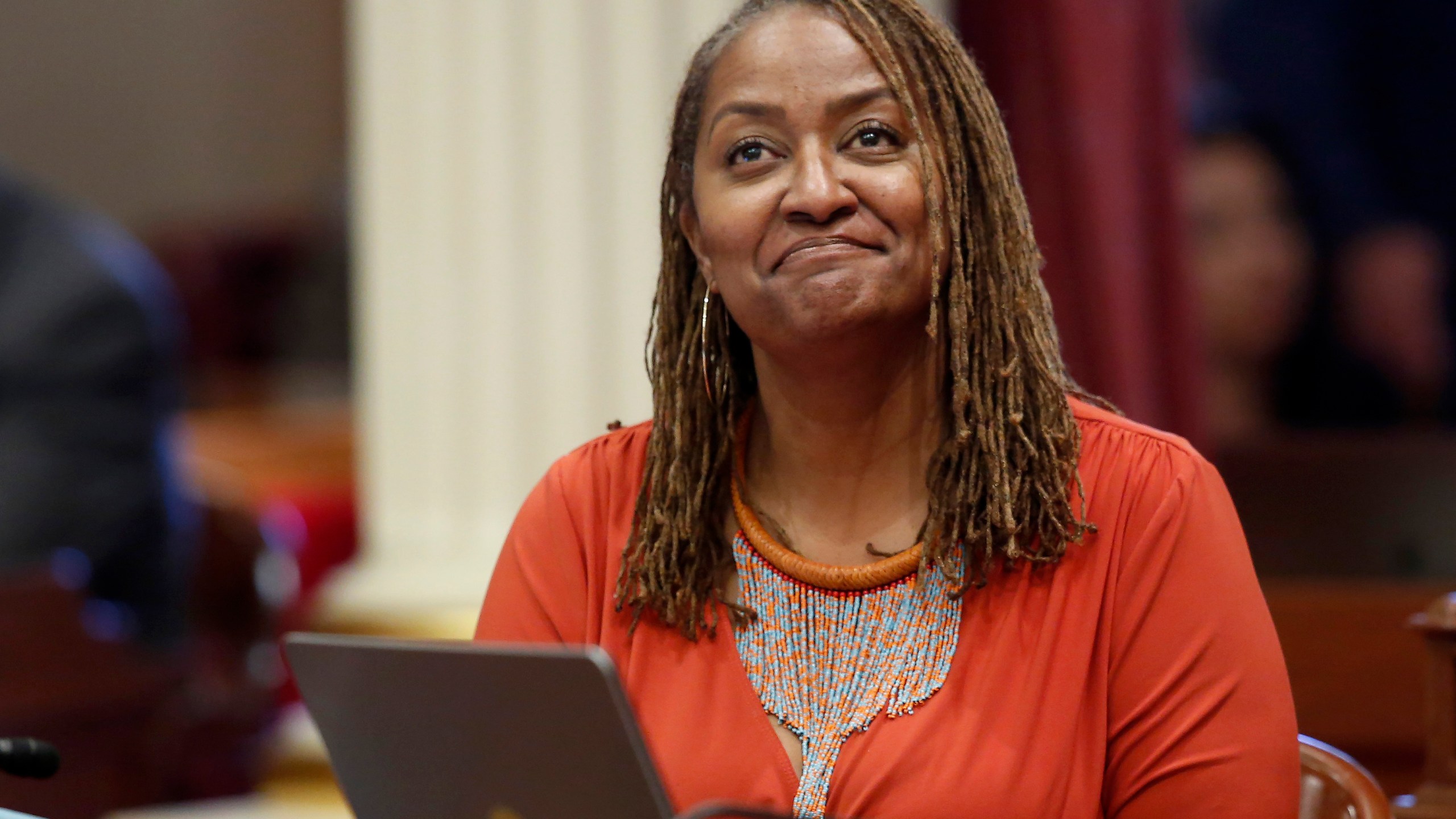 In this July 8, 2019 file photo, state Sen. Holly Mitchell, D-Los Angeles, reacts in the Senate chamber in Sacramento, Calif. (Rich Pedroncelli/AP Photo)