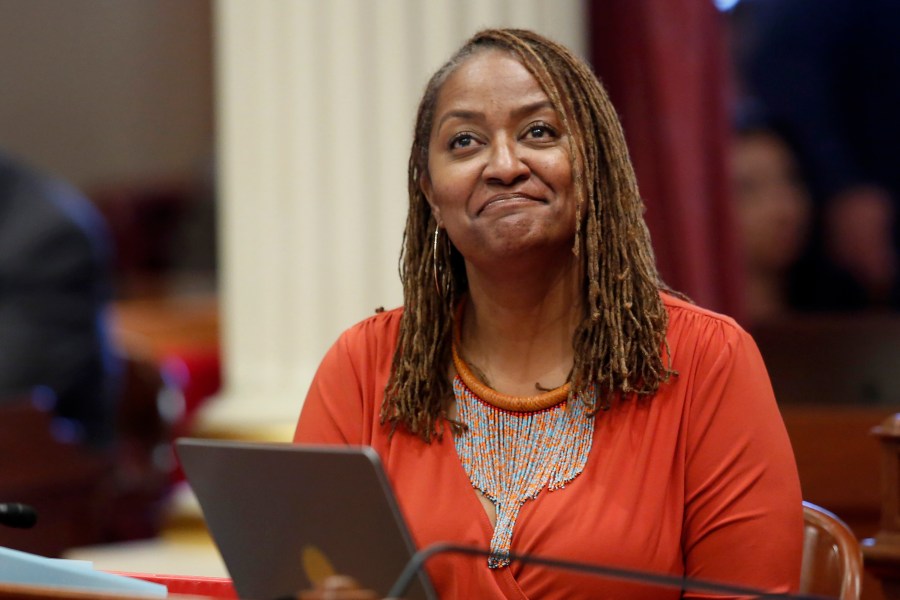 In this July 8, 2019 file photo, state Sen. Holly Mitchell, D-Los Angeles, reacts in the Senate chamber in Sacramento, Calif. (Rich Pedroncelli/AP Photo)