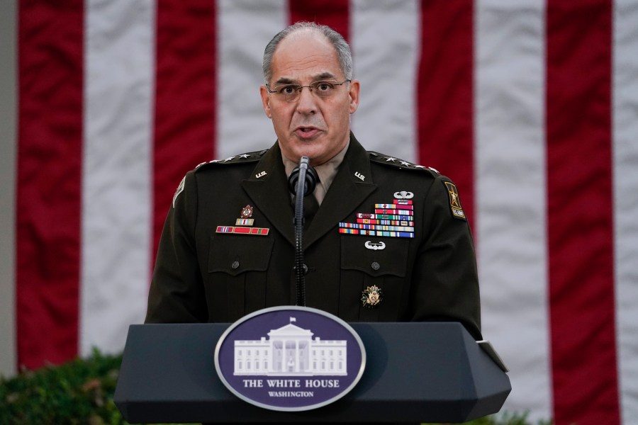 In this Nov. 13, 2020, file photo Army Gen. Gustave Perna, who is leading Operation Warp Speed, speaks during at an event in the Rose Garden of the White House in Washington. (Evan Vucci/AP Photo)