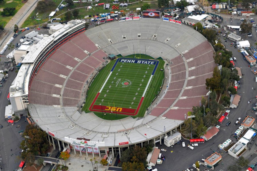 This Jan. 2, 2017, file pool photo, shows an aerial view of the empty Rose Bowl stadium before to the Rose Bowl NCAA college football game between Southern California and Penn State in Pasadena. (The Tournament of Roses via AP, Pool, File)