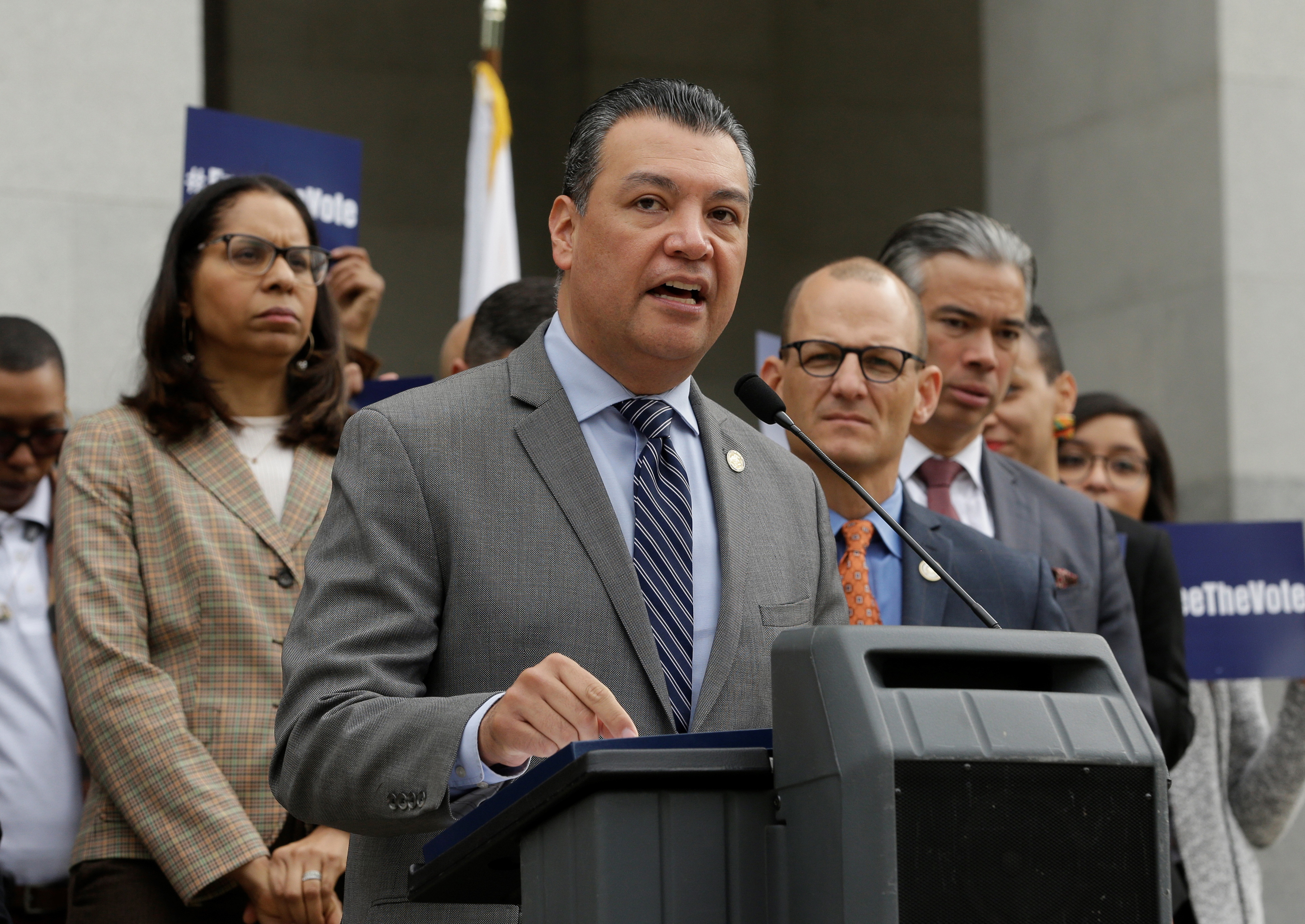 California Secretary of State Alex Padilla talks during a news conference at the Capitol in Sacramento on Jan. 28, 2019. (Rich Pedroncelli/Associated Press)