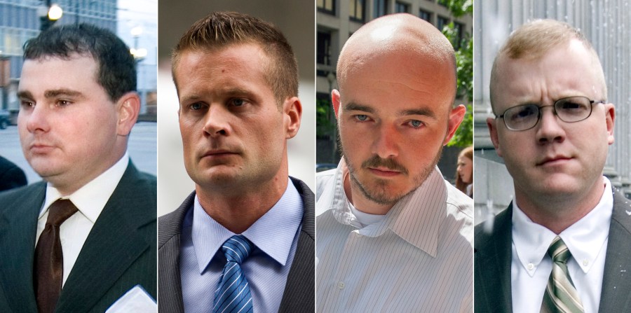 FILE - This combination made from file photo shows Blackwater guards, from left, Dustin Heard, Evan Liberty, Nicholas Slatten and Paul Slough. On Tuesday, Dec. 22, 2020, President Donald Trump pardoned 15 people, including Heard, Liberty, Slatten and Slough, the four former government contractors convicted in a 2007 massacre in Baghdad that left more a dozen Iraqi civilians dead and caused an international uproar over the use of private security guards in a war zone. (AP Photo/File)