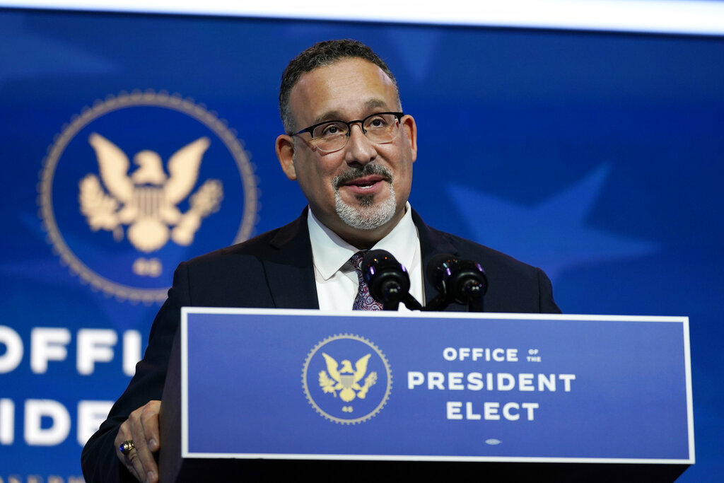 Miguel Cardona, President-elect Joe Biden's nominee for Secretary of Education, speaks after being introduced at The Queen Theater in Wilmington, Del. on Dec. 23, 2020. (Carolyn Kaster/Associated Press)