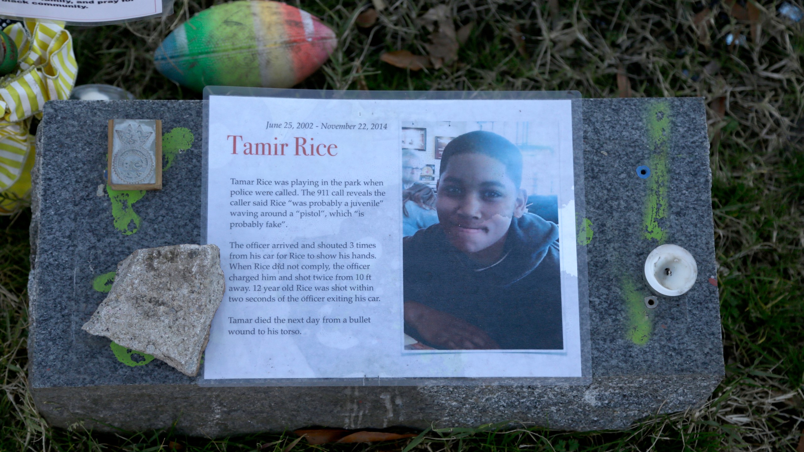 In this Dec. 13, 2020, file photo a memorial for Tamir Rice is seen at the base of the Gen. Robert E. Lee statue is seen Sunday Dec. 13, 2020 in Richmond, Va. (AP Photo/Jacqueline Larma, File)