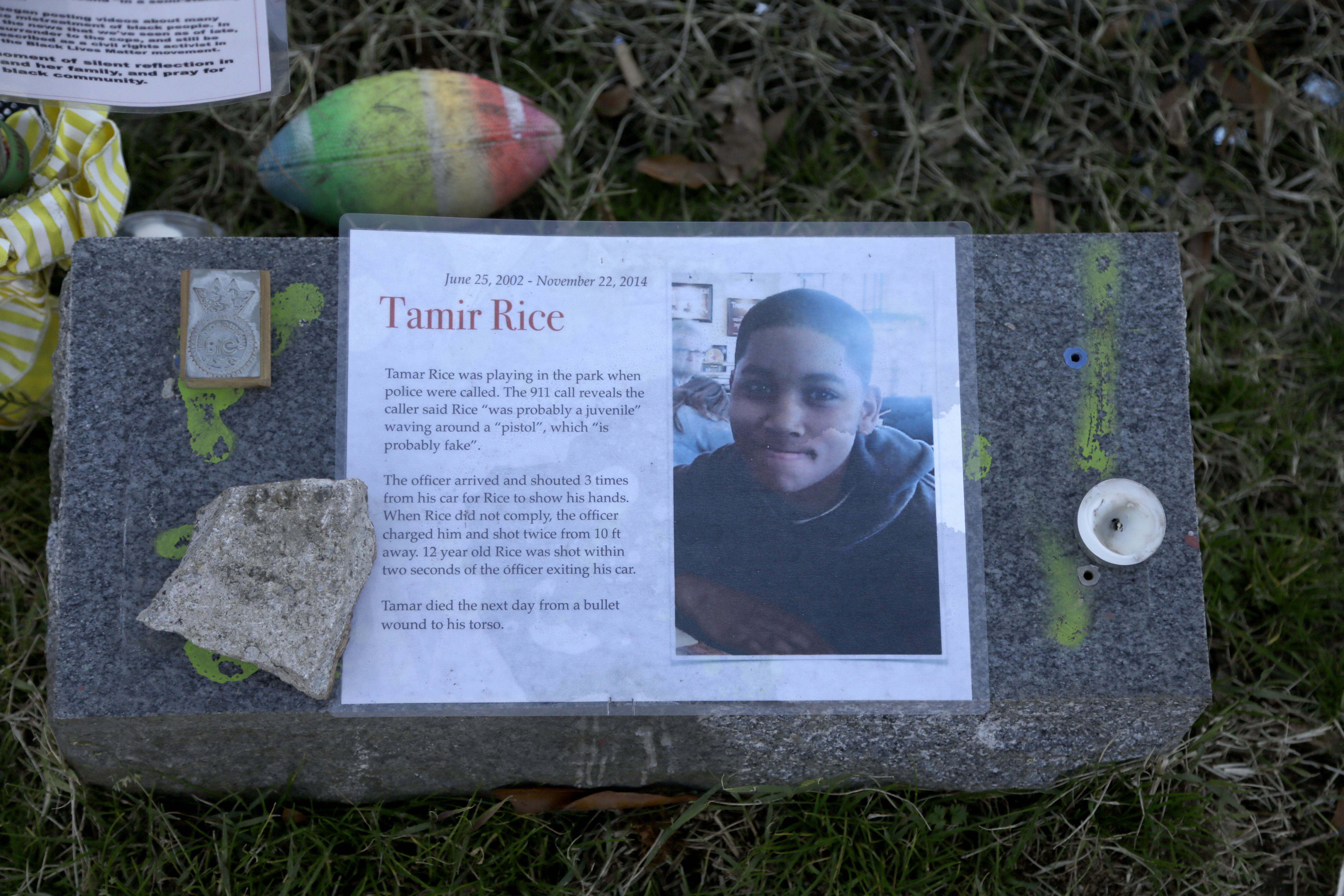 In this Dec. 13, 2020, file photo a memorial for Tamir Rice is seen at the base of the Gen. Robert E. Lee statue is seen Sunday Dec. 13, 2020 in Richmond, Va. (AP Photo/Jacqueline Larma, File)