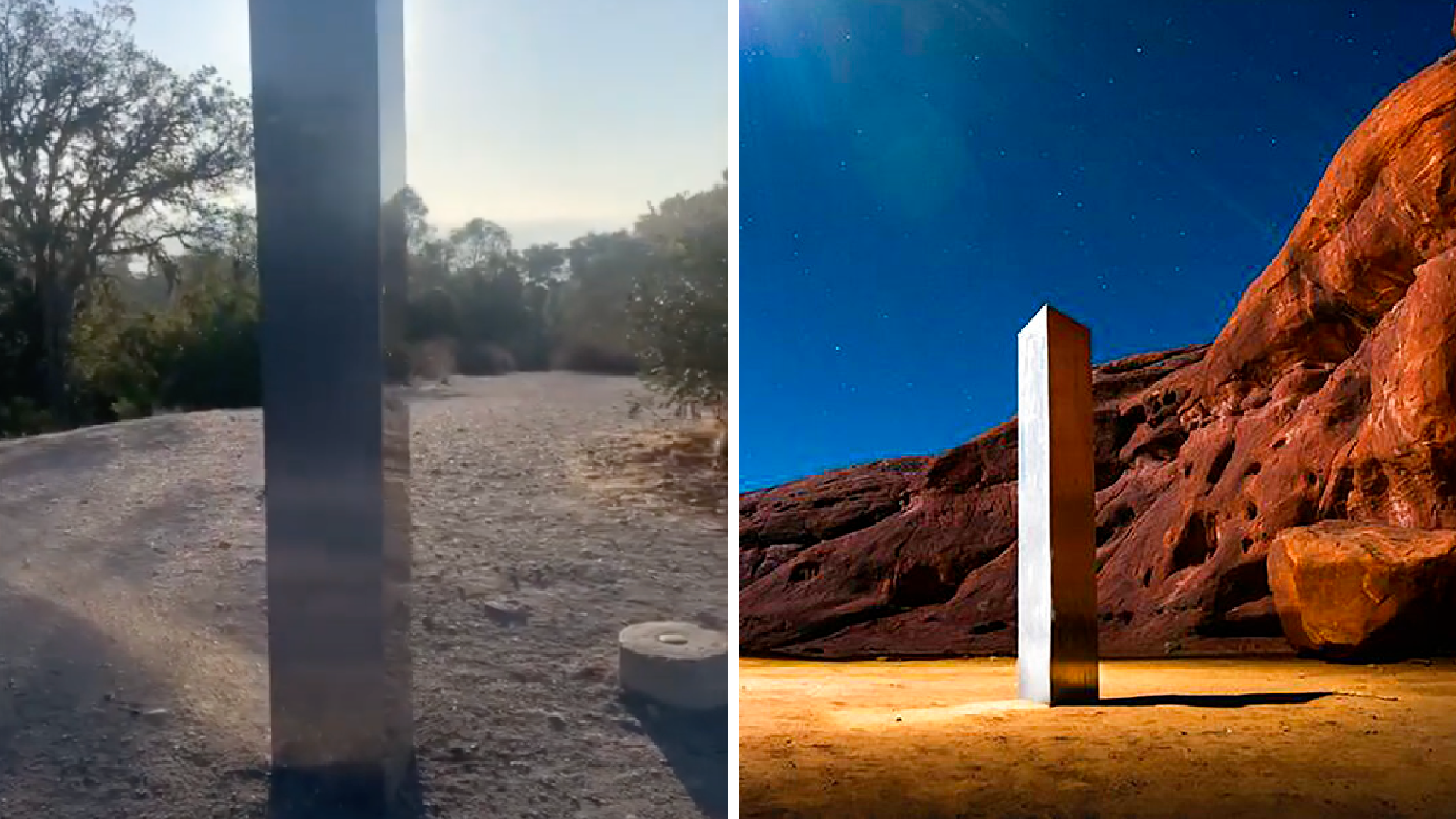 A monolith is seen in Atascadero, California on Dec. 2, 2020. (Gary Lyons via Storyful) On the right, a monolith is seen in southeastern Utah on Nov. 27, 2020. (Terrance Siemon via AP)