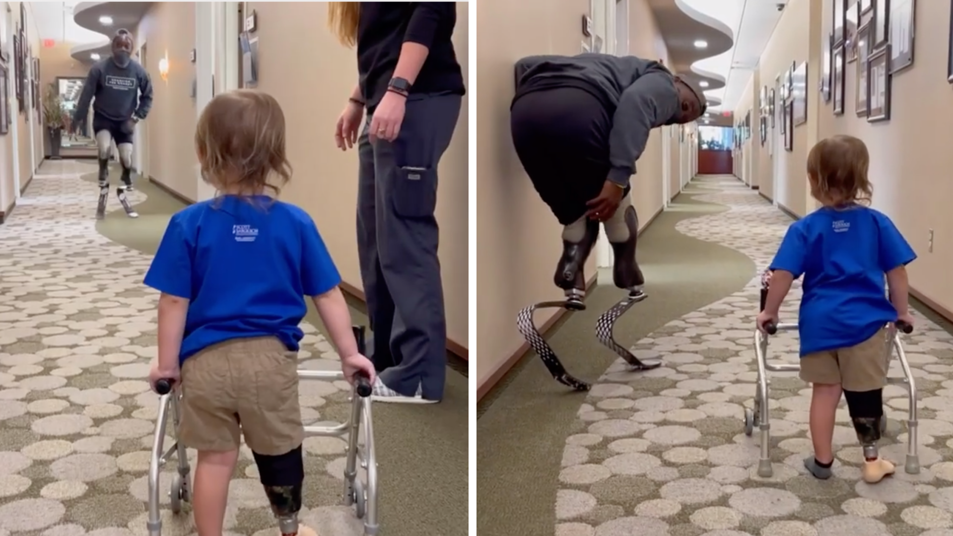 Paralympic medalist Blake Leeper cheering on a child with his first prosthetic leg in Oklahoma City.