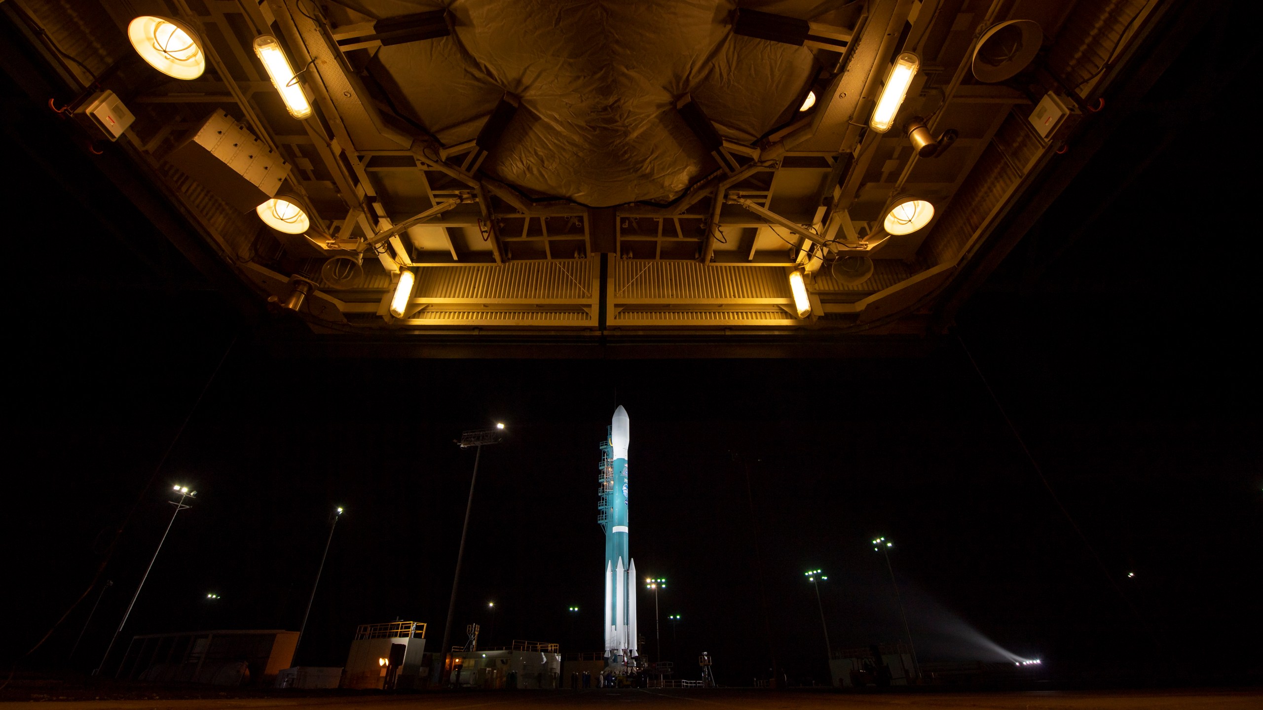 The United Launch Alliance (ULA) Delta II rocket with the NASA Ice, Cloud and land Elevation Satellite-2 (ICESat-2) onboard is seen shortly after the mobile service tower at SLC-2 was rolled back on September 15, 2018 at Vandenberg Air Force Base in Lompoc, California. (Bill Ingalls/NASA via Getty Images)