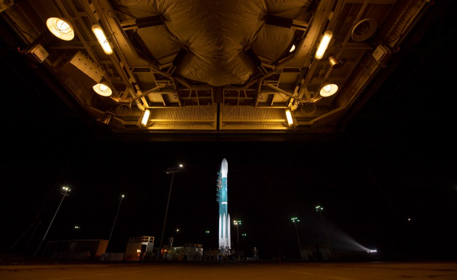 The United Launch Alliance (ULA) Delta II rocket with the NASA Ice, Cloud and land Elevation Satellite-2 (ICESat-2) onboard is seen shortly after the mobile service tower at SLC-2 was rolled back on September 15, 2018 at Vandenberg Air Force Base in Lompoc, California. (Bill Ingalls/NASA via Getty Images)