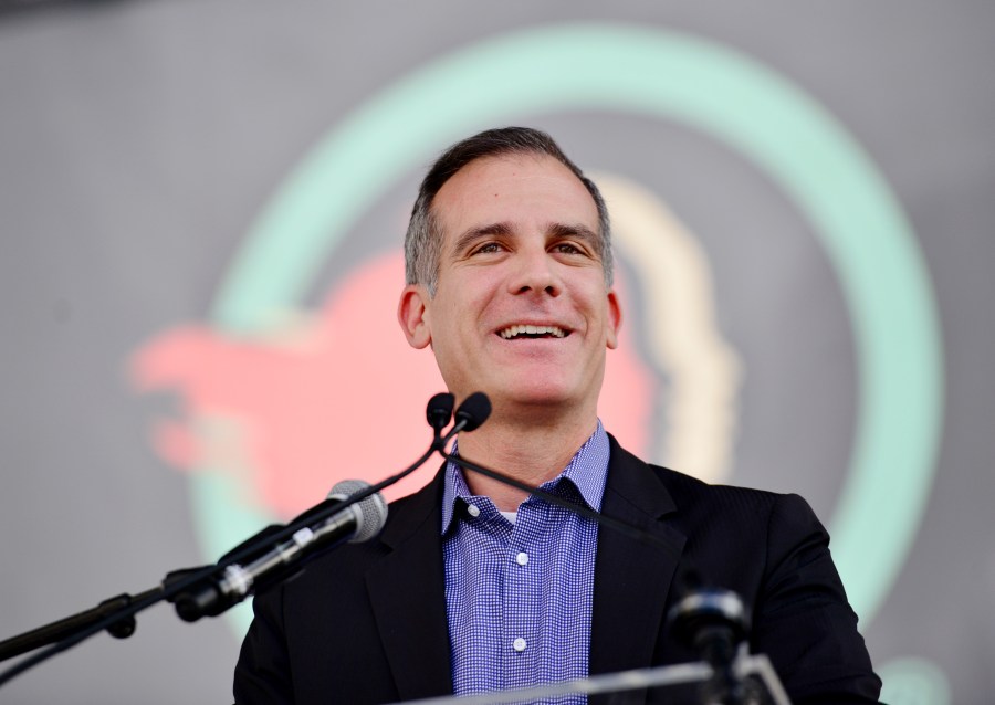 Los Angeles Mayor Eric Garcetti speaks at the 4th annual Women's March LA: Women Rising at Pershing Square on January 18, 2020 in Los Angeles, California. (Chelsea Guglielmino/Getty Images)