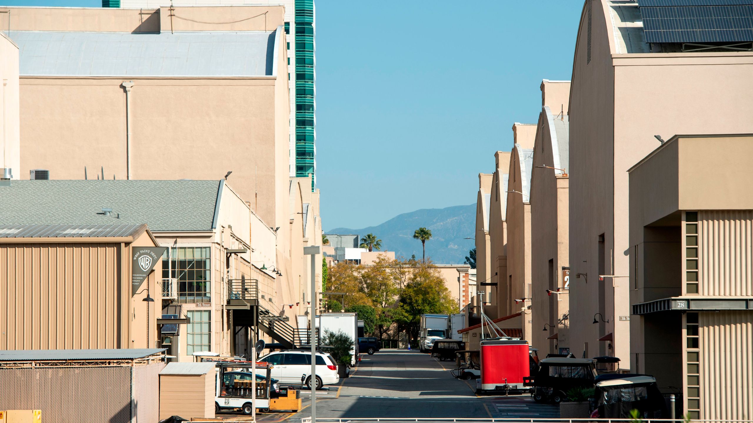 View of an empty street between sets in the Warner Bros lot during the pandemic on April 2, 2020 in North Hollywood. (VALERIE MACON/AFP via Getty Images)