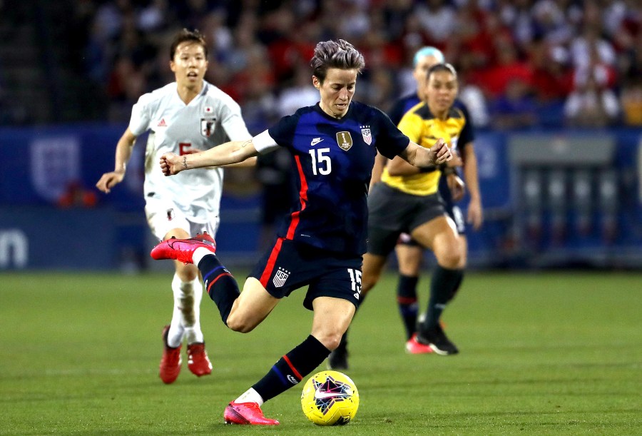 Megan Rapinoe #15 of the United States controls the ball against Japan during the first half of the 2020 SheBelieves Cup at Toyota Stadium on March 11, 2020 in Frisco, Texas. (Ronald Martinez/Getty Images)