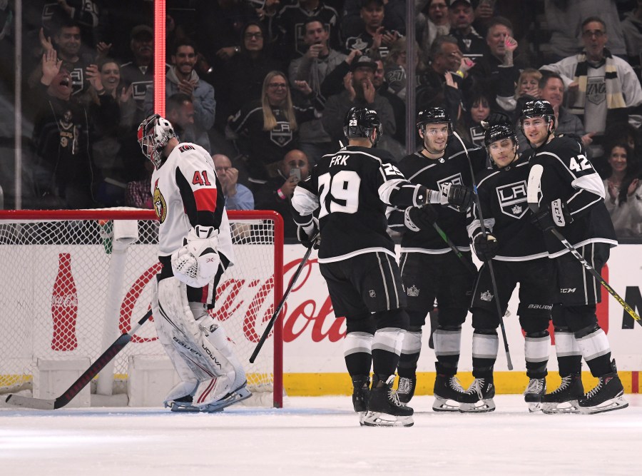 Gabriel Vilardi #42 of the Los Angeles Kings celebrates his goal with Trevor Moore #12, Matt Roy #3 and Martin Frk #29 against Ottawa Senators at Staples Center on March 11, 2020. (Harry How/Getty Images)