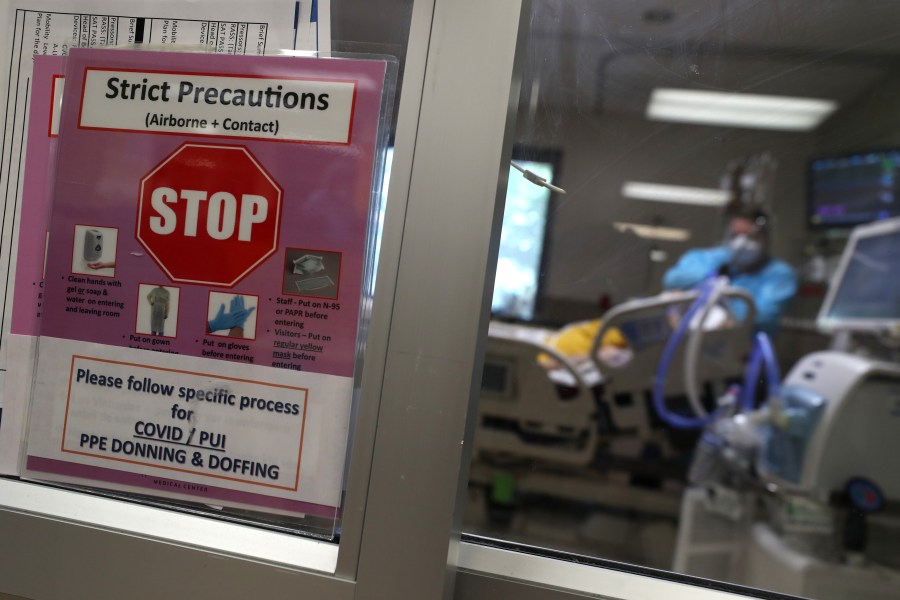 A sign is posted in the window of a coronavirus COVID-19 patient's room in the intensive care unit at Regional Medical Center on May 21, 2020, in Santa Clara County. (Justin Sullivan/Getty Images)