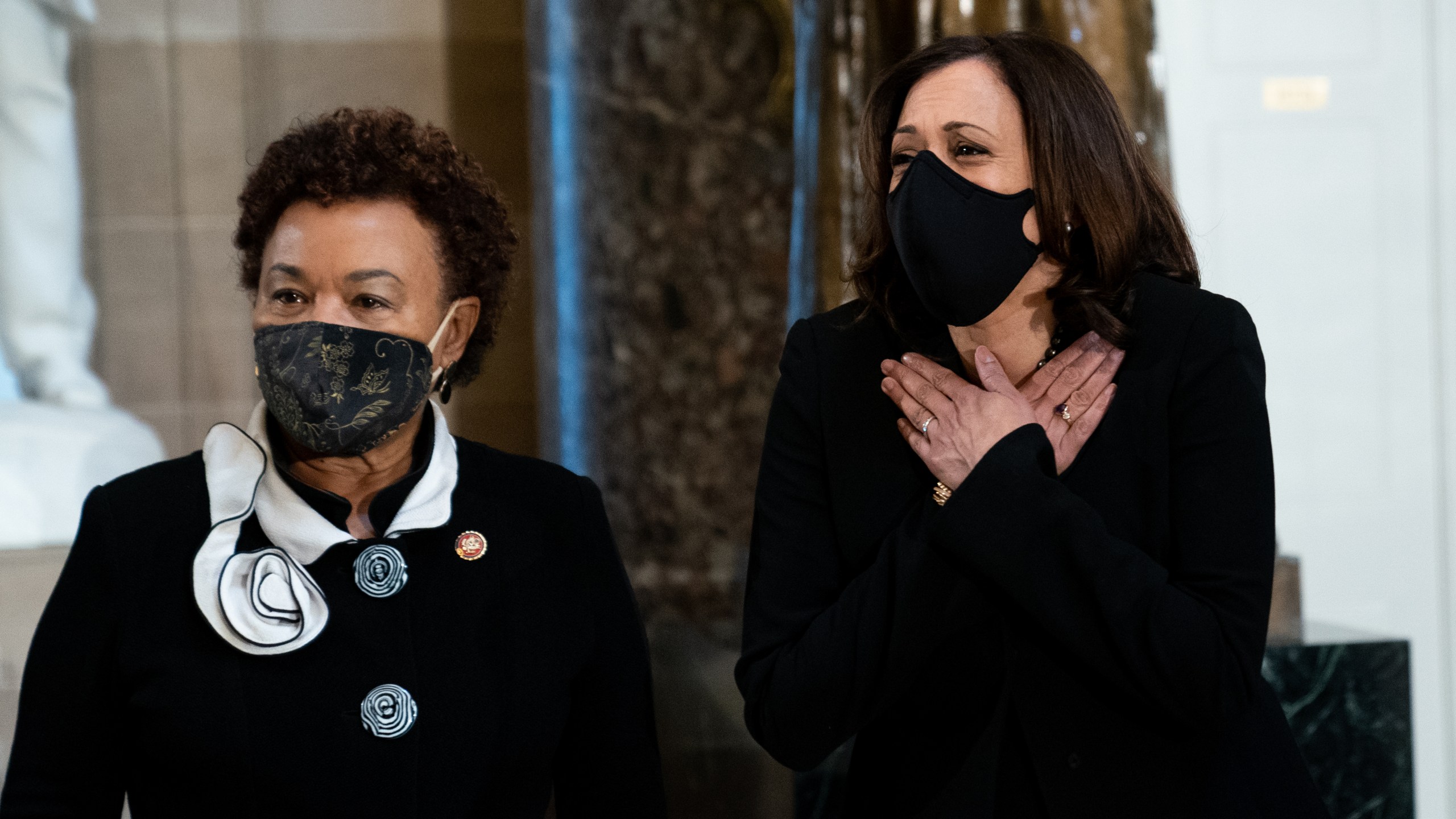 Democratic U.S. Vice Presidential nominee Sen. Kamala Harris (D-CA) and Rep. Barbara Lee (D-CA) attend a memorial service in honor of the late Associate Justice Ruth Bader Ginsburg in the Statuary Hall of the US Capitol, on September 25, 2020 in Washington, DC. (Erin Schaff-Pool/Getty Images)