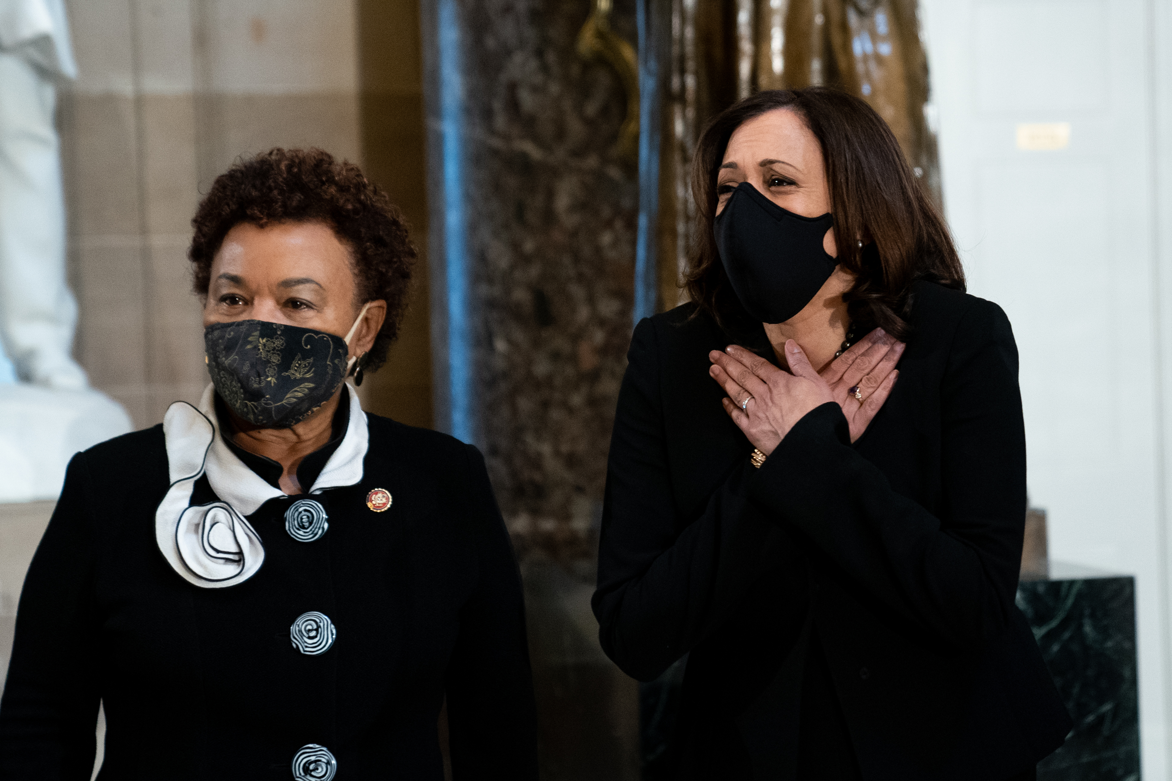 Democratic U.S. Vice Presidential nominee Sen. Kamala Harris (D-CA) and Rep. Barbara Lee (D-CA) attend a memorial service in honor of the late Associate Justice Ruth Bader Ginsburg in the Statuary Hall of the US Capitol, on September 25, 2020 in Washington, DC. (Erin Schaff-Pool/Getty Images)