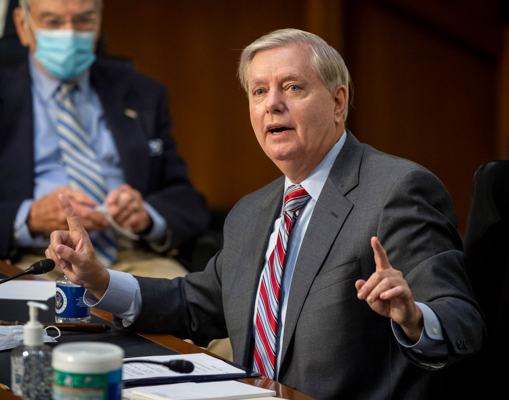 Committee Chairman Us Senator Lindsey Graham speaks during the Senate Judiciary Committee on the fourth day of hearings on Supreme Court nominee Amy Coney Barrett, on Oct. 15, 2020, on Capitol Hill in Washington, D.C. (BILL O'LEARY/POOL/AFP via Getty Images)