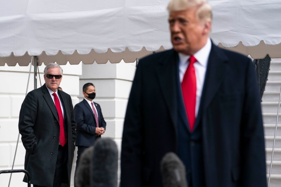 White House Chief of Staff Mark Meadows listens as President Donald Trump speaks to the press outside the White House on Oct. 30, 2020. (Sarah Silbiger/Getty Images)