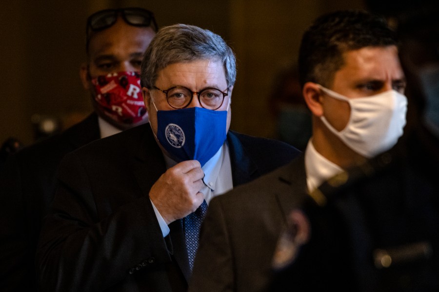 Attorney General Bill Barr leaves the U.S. Capitol after meeting with Senate Majority Leader Mitch McConnell in his office on Nov. 9, 2020. (Samuel Corum/Getty Images)