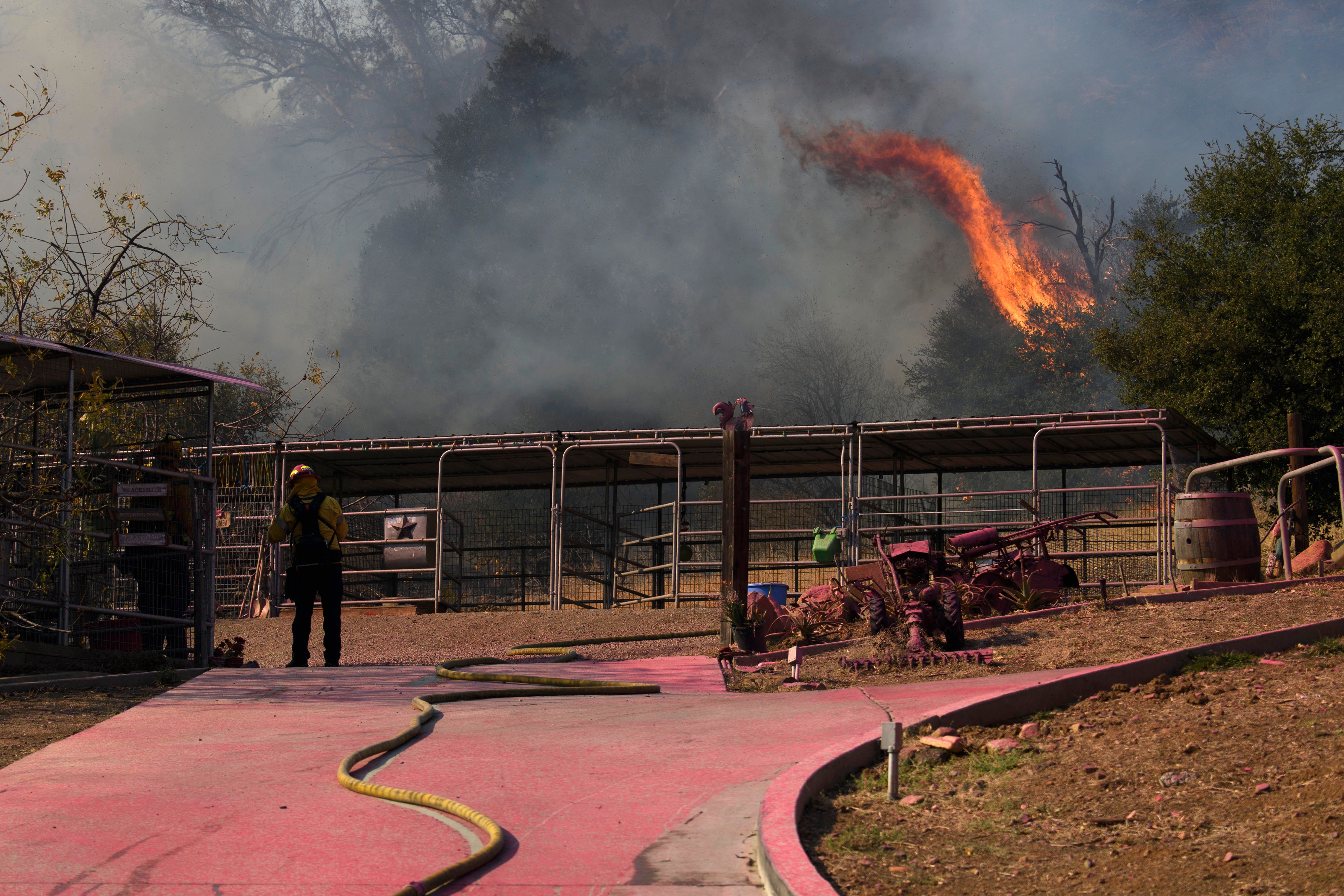 An Orange County Fire Authority firefighter stands on a driveway covered in fire retardant while working to contain the Bond Fire in Modjeska Canyon near Lake Forest on Dec. 3, 2020. (PATRICK T. FALLON/AFP via Getty Images)