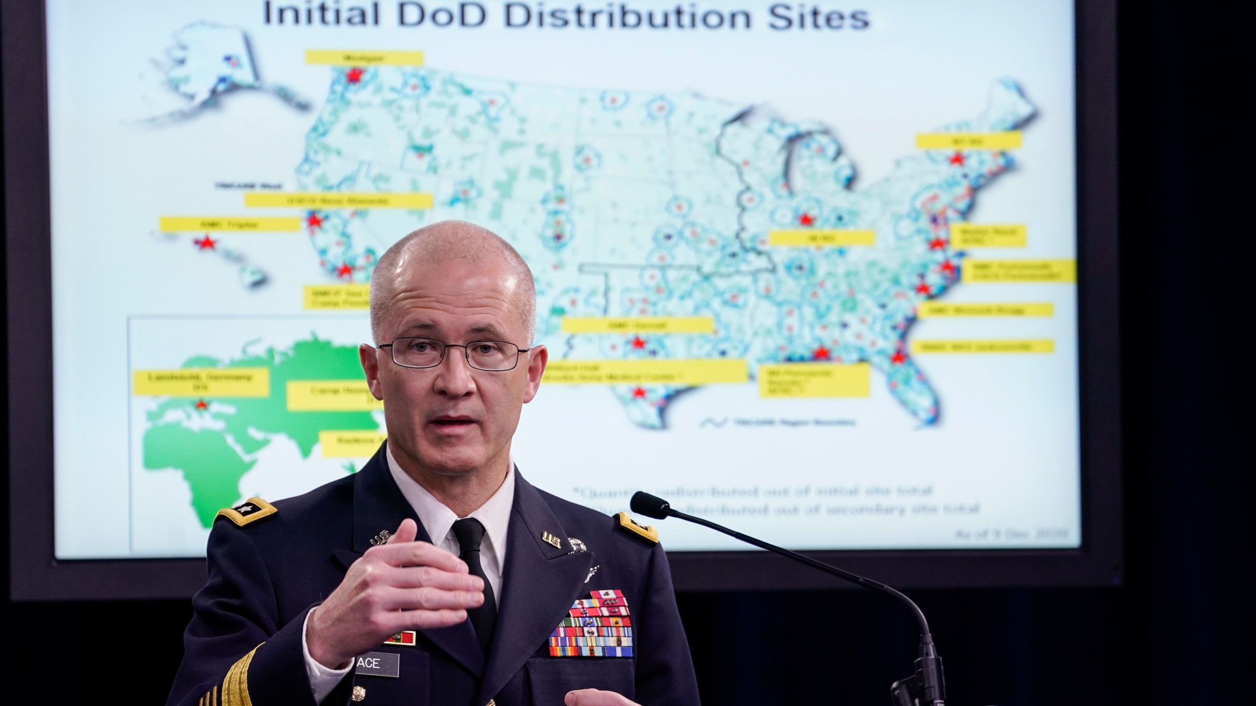 Director of the Defense Health Agency Army Lt. Gen. Ronald Place speaks to reporters during a press conference to discuss plans for COVID-19 vaccine distribution to members of the U.S. military, at the Pentagon on Dec. 9, 2020 in Arlington, Virginia. (Drew Angerer/Getty Images)