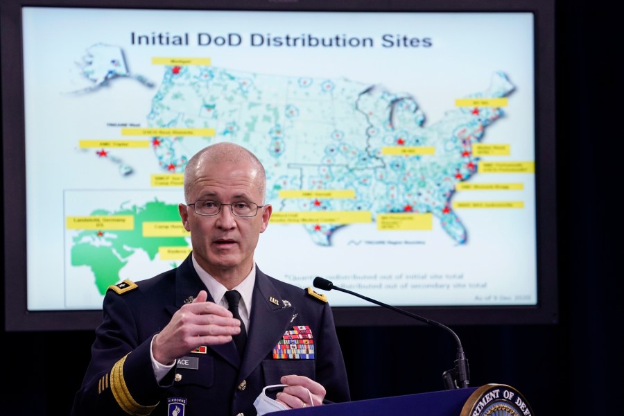 Director of the Defense Health Agency Army Lt. Gen. Ronald Place speaks to reporters during a press conference to discuss plans for COVID-19 vaccine distribution to members of the U.S. military, at the Pentagon on Dec. 9, 2020 in Arlington, Virginia. (Drew Angerer/Getty Images)