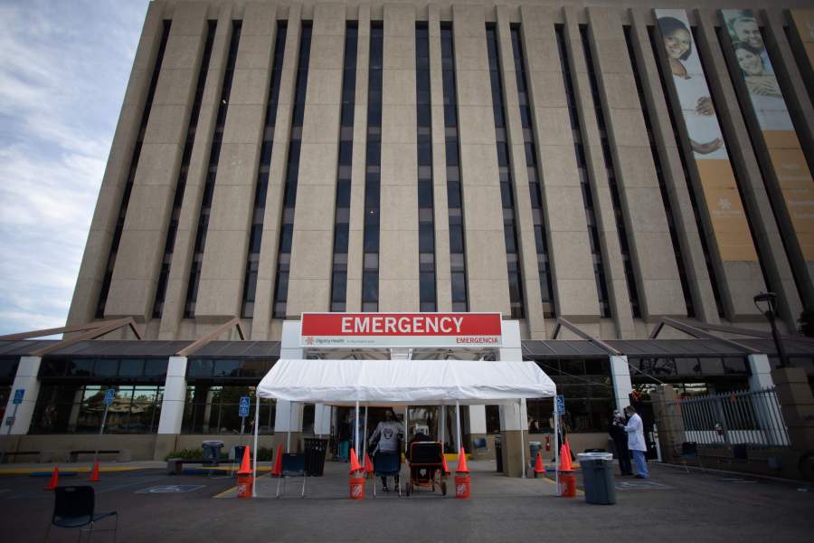 A tent is placed outside the Dignity Health - St. Mary Medical Center building to be used as a triage area for patients with Covid-19 symptoms in Long Beach, California, on Dec. 17, 2020. (APU GOMES/AFP via Getty Images)