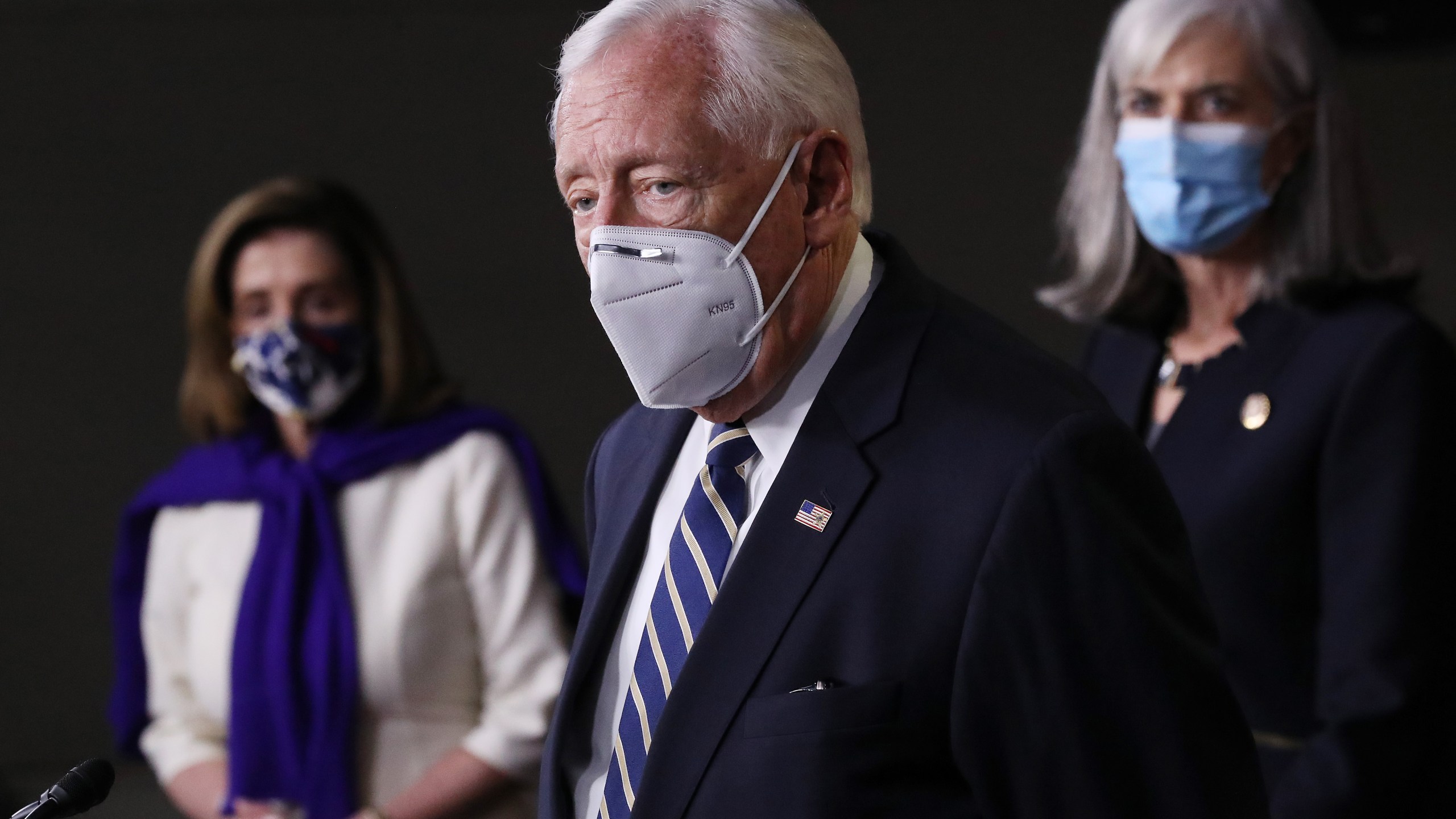 House Majority Leader Steny Hoyer (D-MD) talks to reporters after being re-elected to his leadership position along with Speaker of the House Nancy Pelosi (D-CA) (L) and Assitant Speaker Katherine Clark (D-MA) at the U.S. Capitol November 18, 2020 in Washington, DC. (Chip Somodevilla/Getty Images)