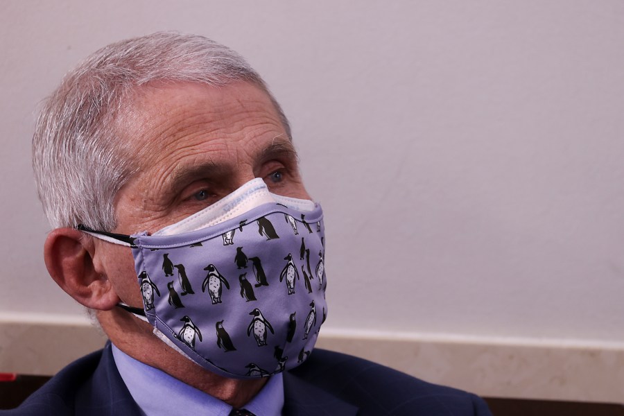 Dr. Anthony Fauci, director of the National Institute of Allergy and Infectious Diseases look on during a White House Coronavirus Task Force press briefing in the James Brady Press Briefing Room at the White House on November 19, 2020 in Washington, DC. (Photo by Tasos Katopodis/Getty Images)