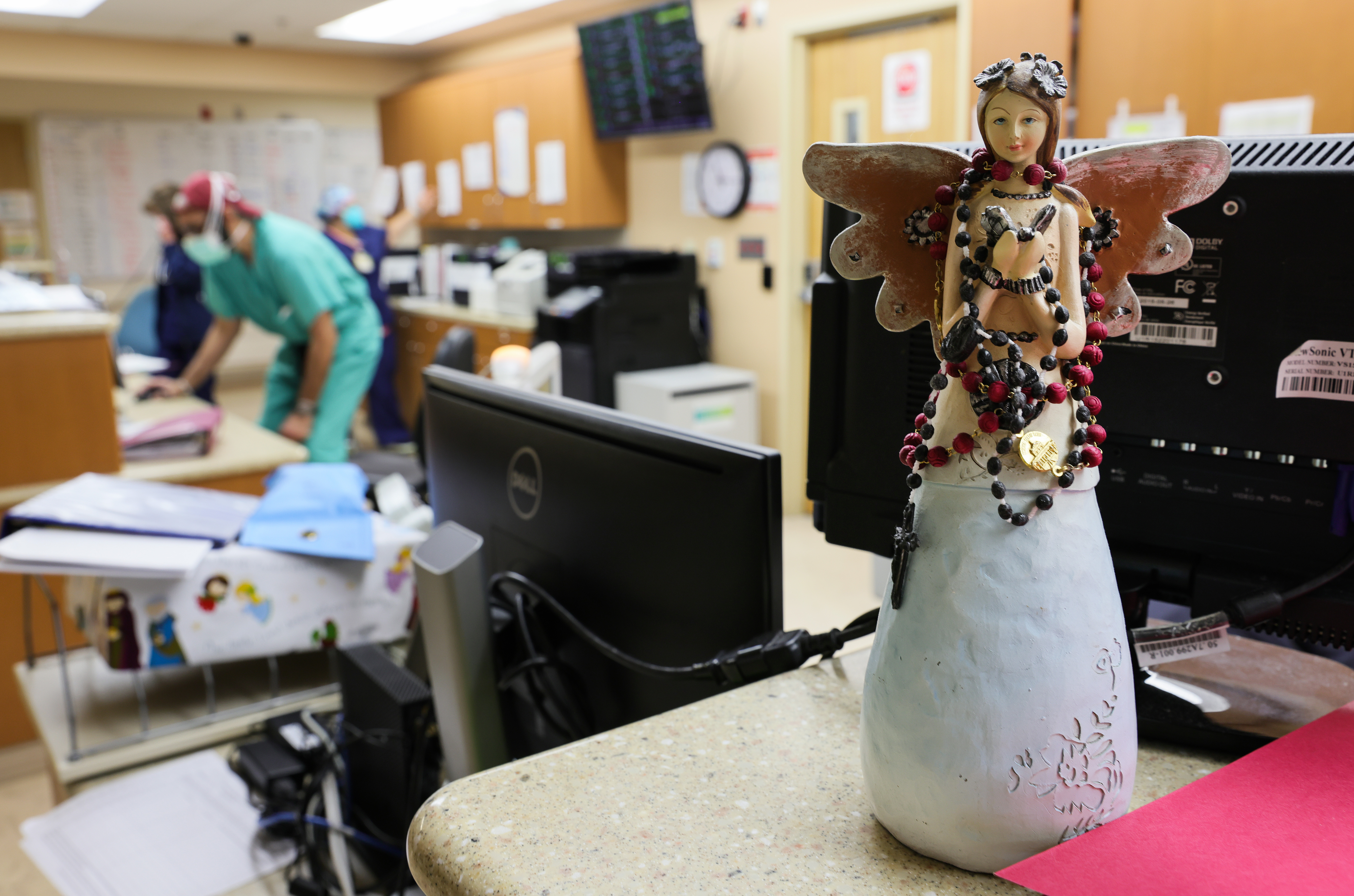 An angel is displayed, two days before Christmas, in the Intensive Care Unit (ICU) at Providence St. Mary Medical Center amid a surge in COVID-19 patients in Southern California on December 23, 2020 in Apple Valley, California. (Photo by Mario Tama/Getty Images)