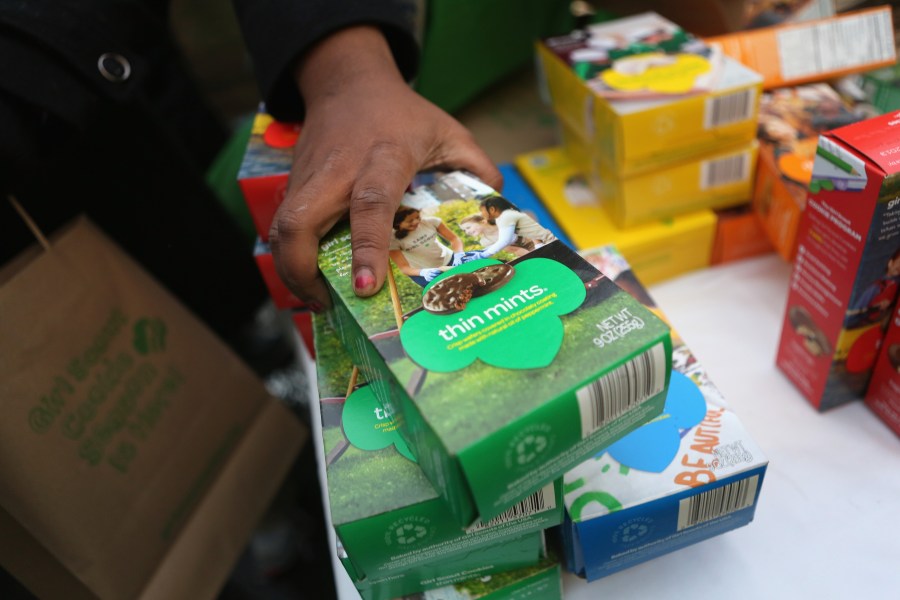 This file photo shows Girl Scouts selling cookies on Feb. 8, 2013 in New York City. (John Moore/Getty Images)