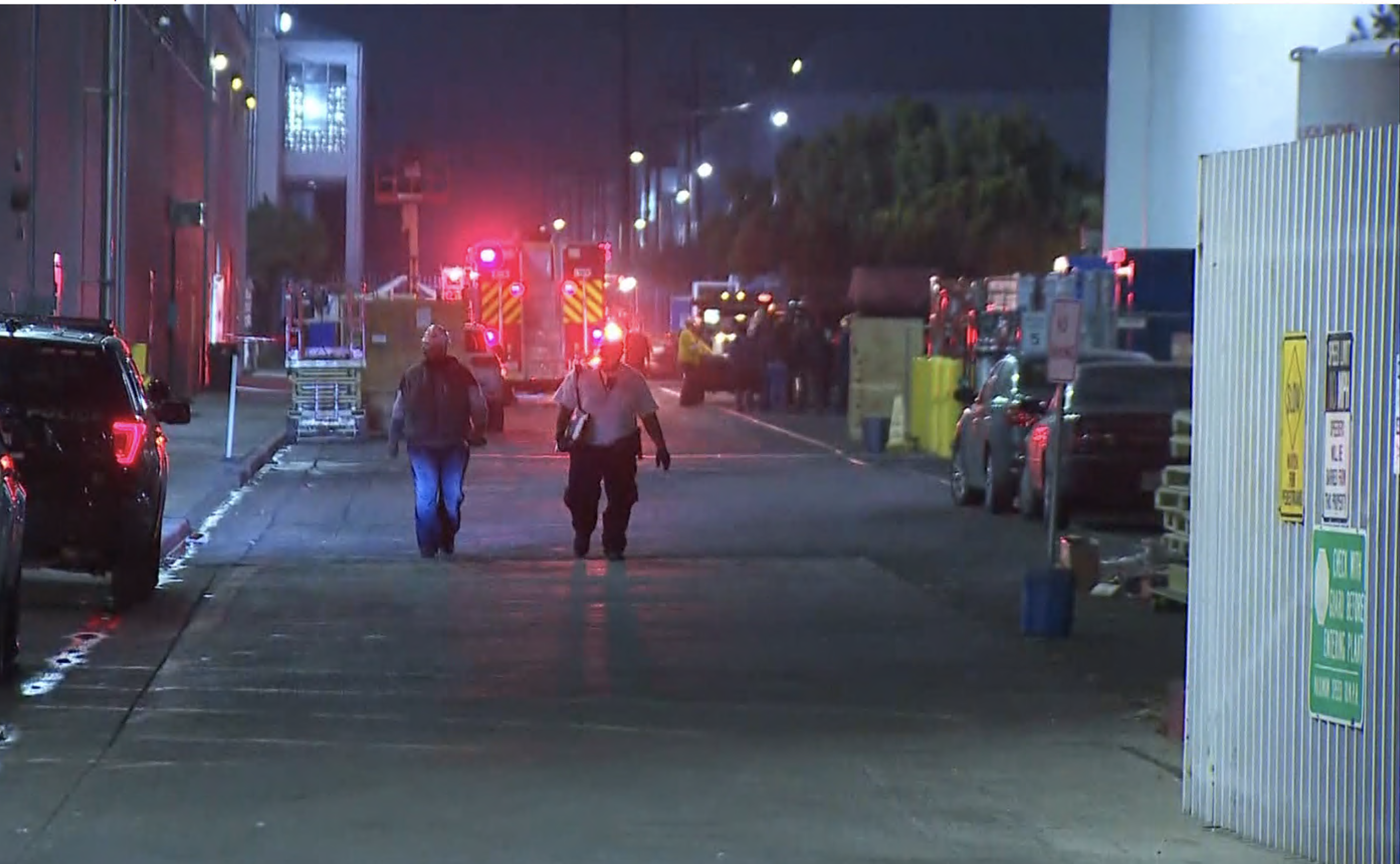 Authorities respond to a Vernon food processing plant where two workers were found unconscious on Dec. 1, 2020. (KTLA)